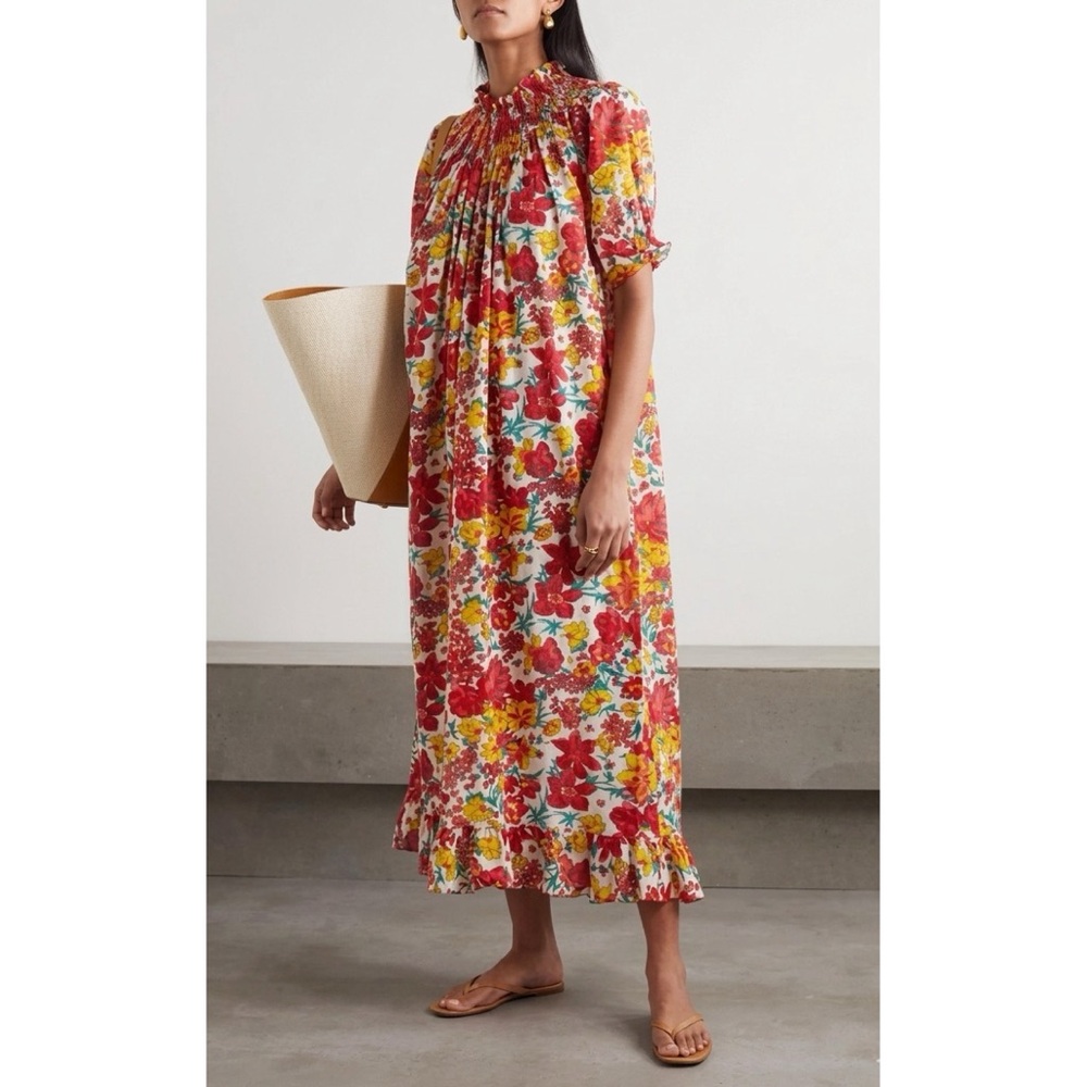 Loretta Caponi Loretta Dress (One Size) Smocked Puff Sleeve Midi Maxi Red Floral